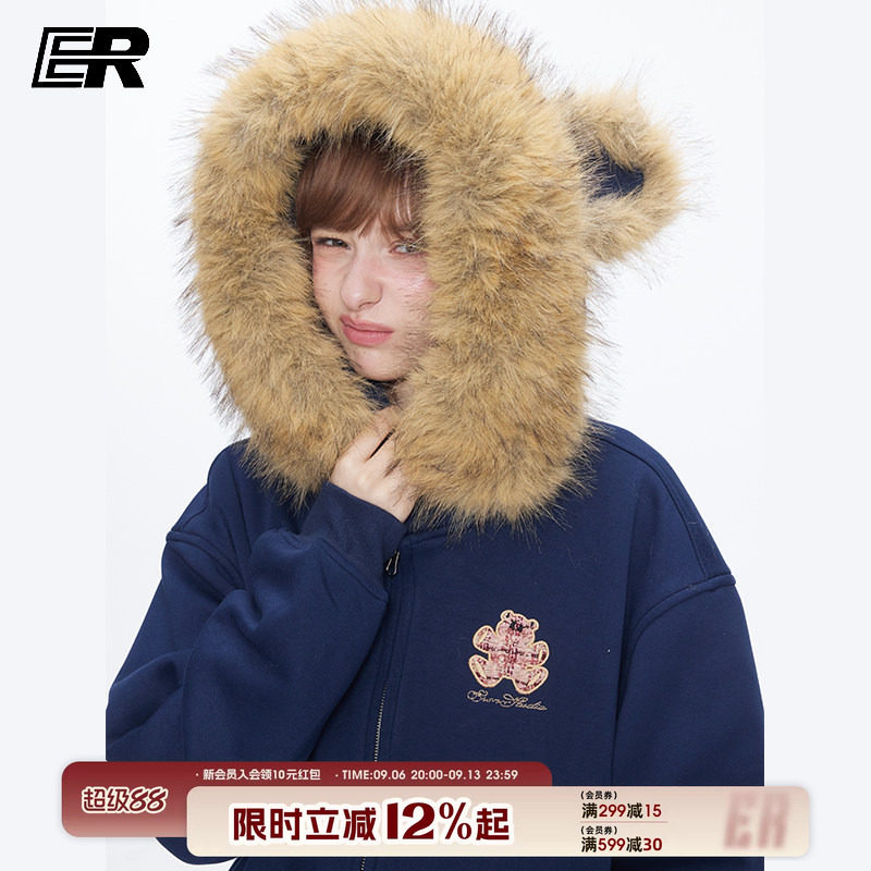 【王橹杰同款】ER小熊耳朵毛领开衫连帽卫衣美式复古外套男女图片