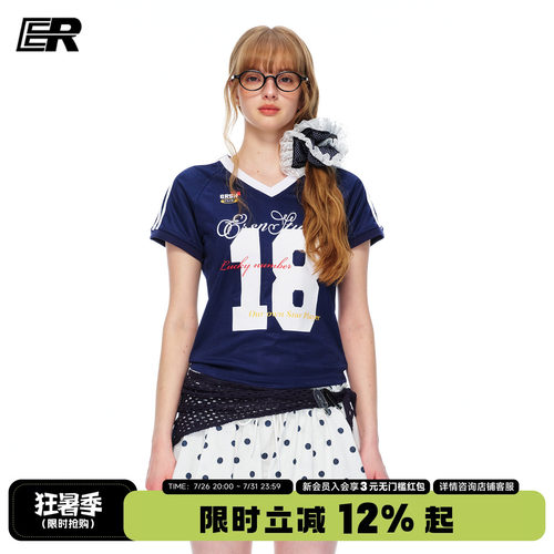 ER美式V领球衣印花速干T恤女