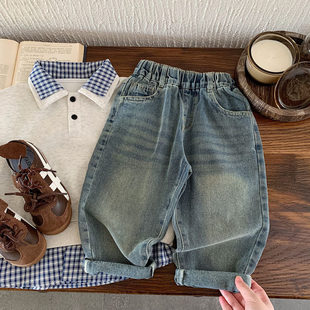 子宝宝纯色休闲裤 小童直筒长裤 女洋气 男童春秋新款 儿童复古牛仔裤