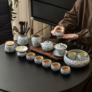 汝窑功夫茶具青花缠枝莲茶壶茶杯主人杯公道杯茶叶罐陶瓷盖碗套装