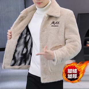 秋冬季水貂绒外套男高级感帅气加绒加厚夹克男装短款毛呢大衣冬装