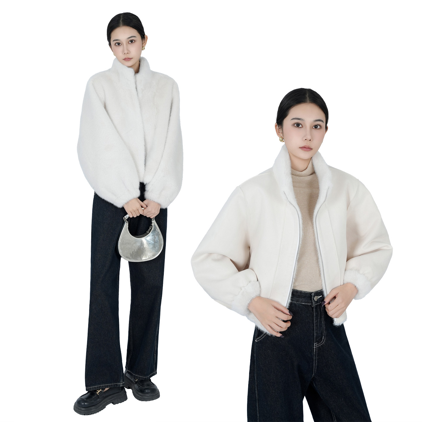JIACIMEI冬季温柔白色毛毛外套女短款立领保暖两面穿皮毛一体上衣