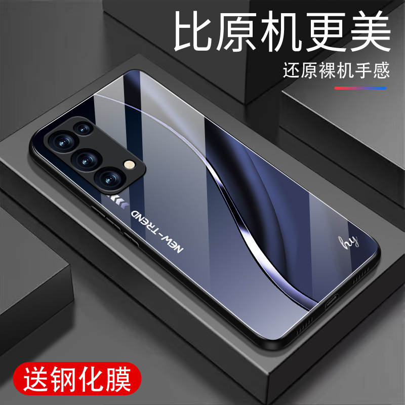 适用oppoRENO5手机壳新款钢化玻璃男女硅胶oppoRENO5K全包防摔保护套高级感商务高档超薄经典流线形外壳