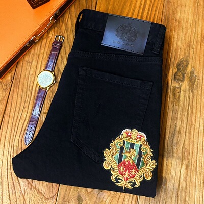 牛仔裤黑色男款修身小脚长裤