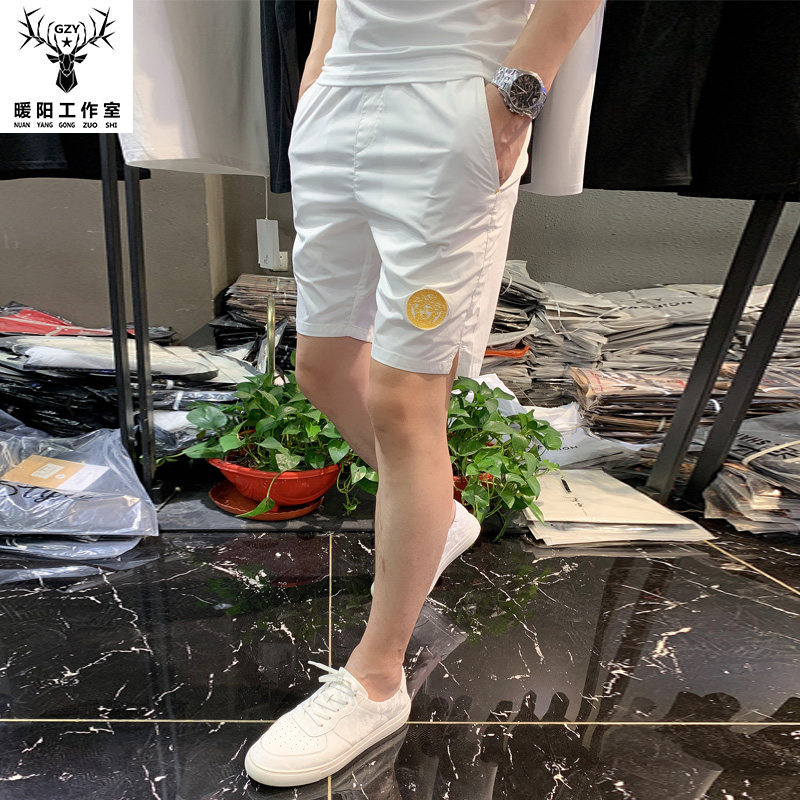 潮男夏季新款白色图案刺绣印花短裤潮流男修身大码潮流中裤五分裤