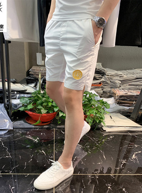 潮男夏季新款白色图案刺绣印花短裤潮流男修身大码潮流中裤五分裤