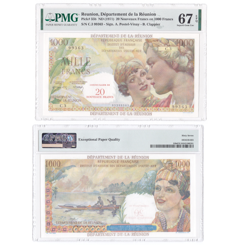 评级币 留尼旺1000法郎(加盖20法郎) pmg评级67分 nd1971 年p-55b