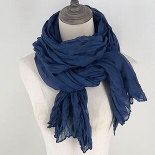 韩版百搭复古深蓝色棉麻围巾女春季氛围感褶皱装饰丝巾披肩高级感