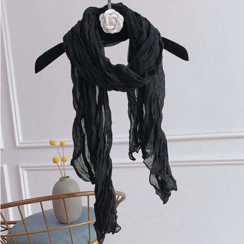 2026新款棉麻围巾女复古黑色披肩文艺褶皱薄亚麻春秋冬季保暖围脖