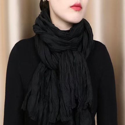 2025春秋季新款丝巾女百搭纯色披肩两用长款纱巾沙滩巾棉麻薄围巾