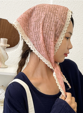 法式复古蕾丝边小领巾发带女士棉麻护颈薄款小围巾装饰三角巾头巾