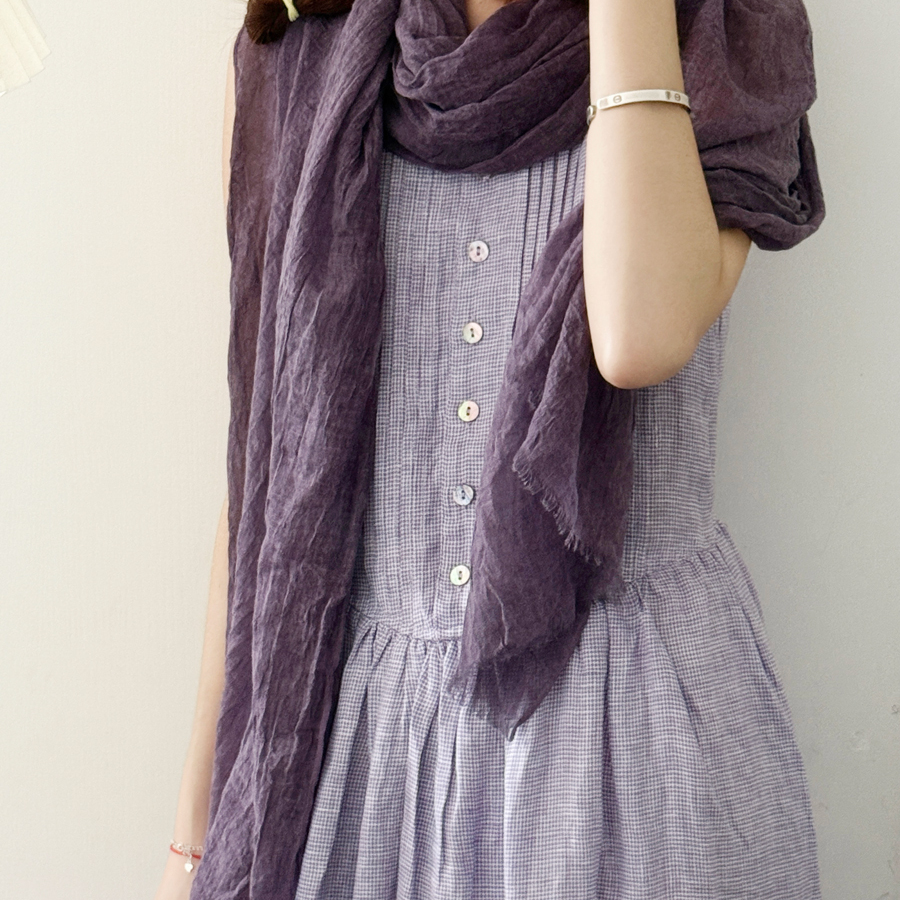 2025春秋新款丝巾女韩版棉麻百搭紫色窄长款披肩复古文艺装饰围巾