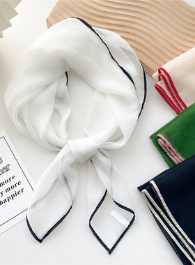 春秋白色丝巾女夏季小方巾70x70纯色时尚洋气百搭正方形装饰围巾