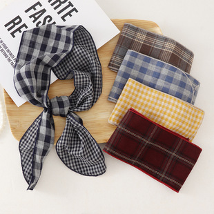 格子细长条窄丝巾女百搭装饰小领巾长款条纹腰带发带绑包棉麻飘带