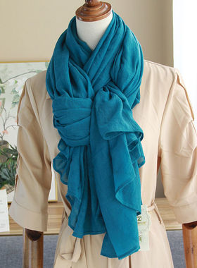 韩版百搭纯色超大春秋棉麻围巾湖蓝色文艺复古夏季防晒薄披肩丝巾
