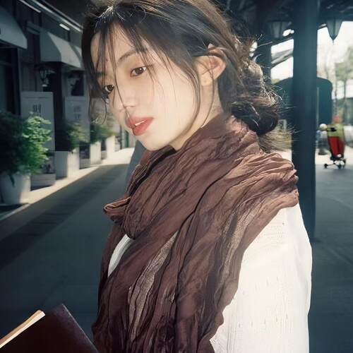 复古棉麻围巾女2025春秋文艺旅游棕色古着褶皱丝巾披肩高级氛围感