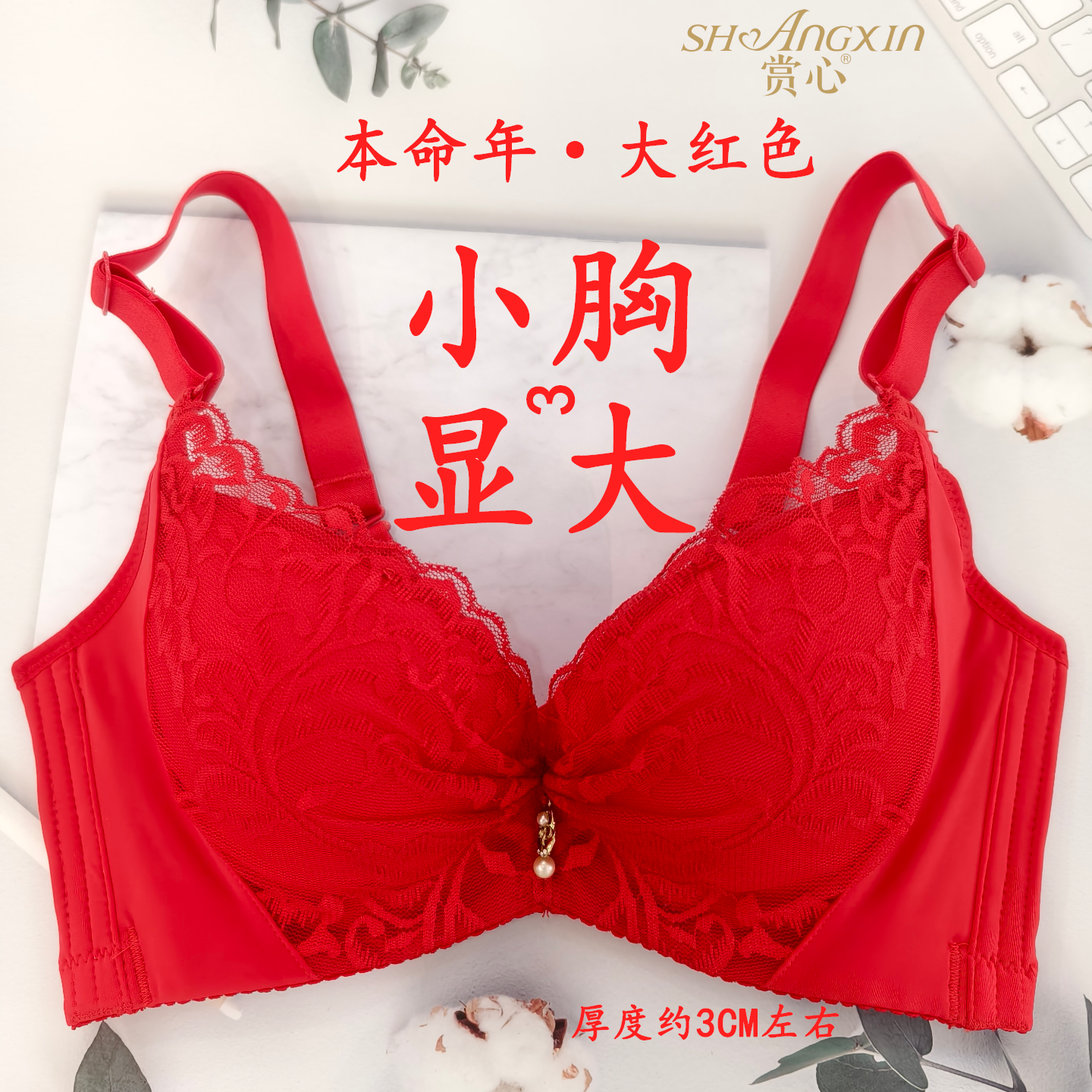 赏心本命年大红色内衣套装内裤小胸聚拢显大加厚性感蕾丝文胸8937