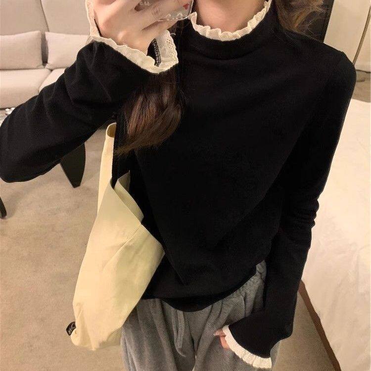 蕾丝半高领正肩德绒长袖t恤女