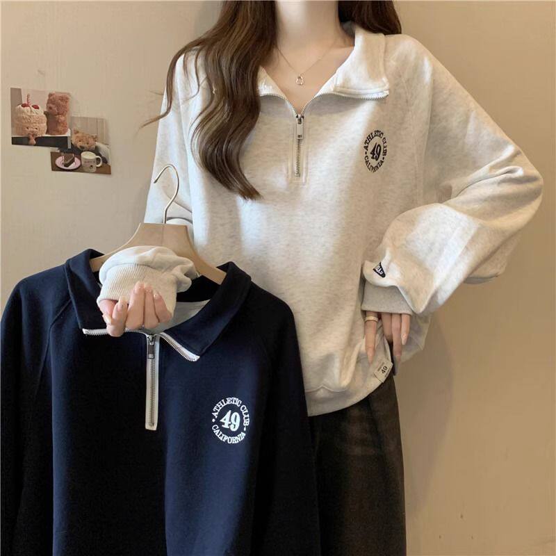 小众刺绣设计感半拉链POLO领套头长袖卫衣女秋冬宽松显瘦减龄上衣