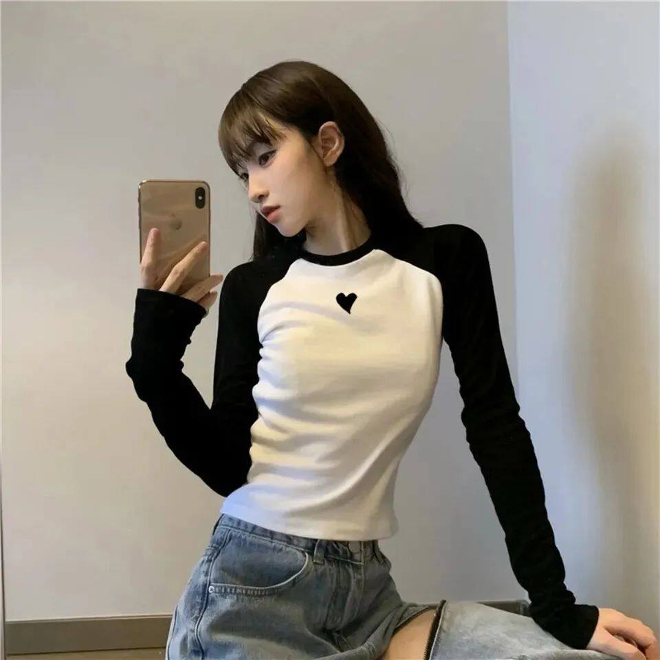 秋季韩系学院少女元气减龄小爱心撞色插肩袖长袖T恤女拼接打底衫