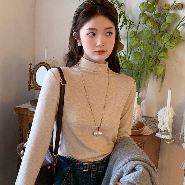 磨毛加绒加厚保暖半高领打底衫女