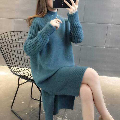 码胖m女装秋冬大半高领内搭针织m打底连衣OKR裙加厚中长款毛衣裙