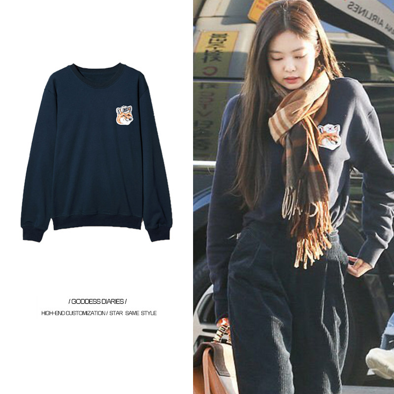 韩国明星金智妮jennie同款春新款狐狸刺绣卫衣女加绒宽松外套上衣