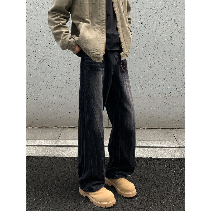 闪电纹黑色牛仔裤男款秋季高级感痞帅炸街裤子美式复古直筒阔腿裤