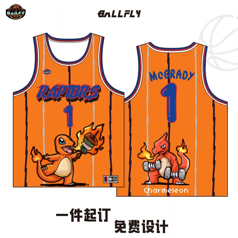 BALLFLY球服定制猛龙麦迪球衣卡通喷火龙背心学生儿童篮球服套装 - 实物图