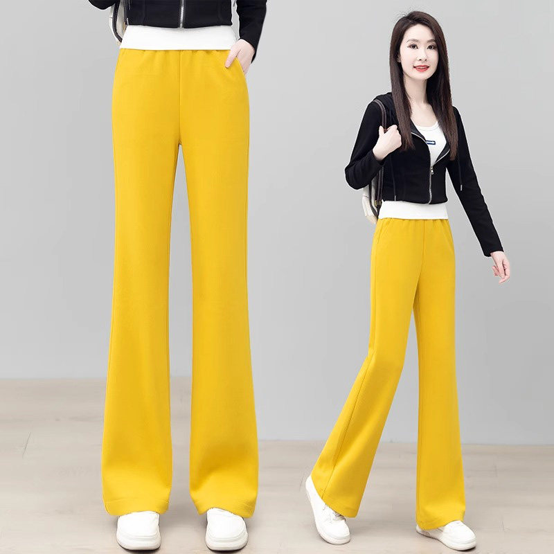 松紧腰黄色微喇裤女春秋2025新款高腰休闲裤阔腿裤运动拖地长裤子