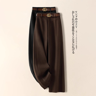 高端毛呢阔腿裤女秋冬季2025新款高腰垂感加绒牡丹裤咖色直筒裤子