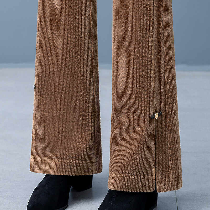 灯芯绒微喇裤女2025新款秋冬季设计感小众咖色垂感开叉条绒女裤子