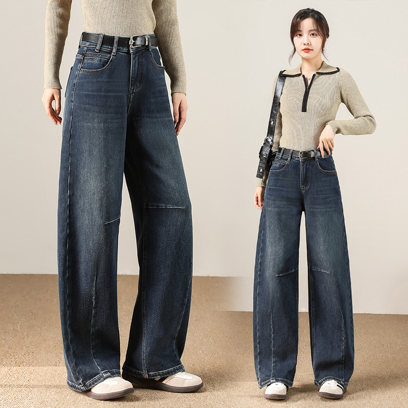 复古蓝弯刀牛仔裤女秋季加绒2025年新款高腰宽松显瘦休闲直筒裤子