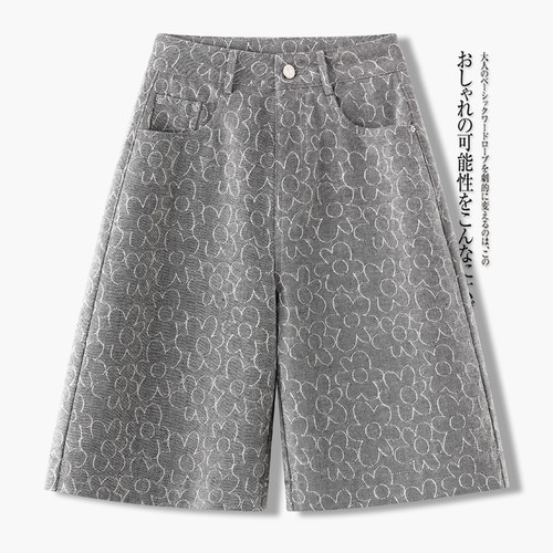 高级感灰色提花牛仔短裤女夏季直筒五分裤宽松外穿中裤高腰阔腿裤