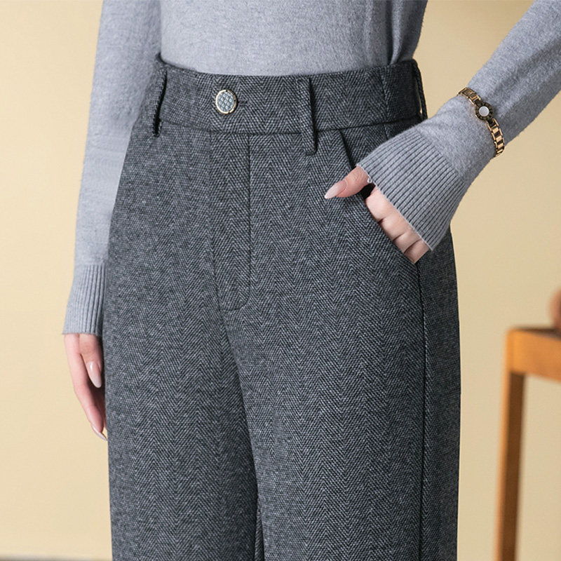 毛呢西裤女士2025秋冬季新款垂感灰色人字纹阔腿裤加厚直筒裤子
