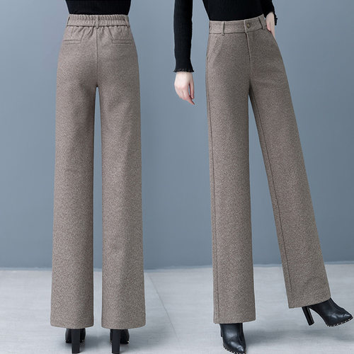 毛呢阔腿裤女秋冬季2025年新款人字纹女裤加绒直筒妈妈裤子休闲裤