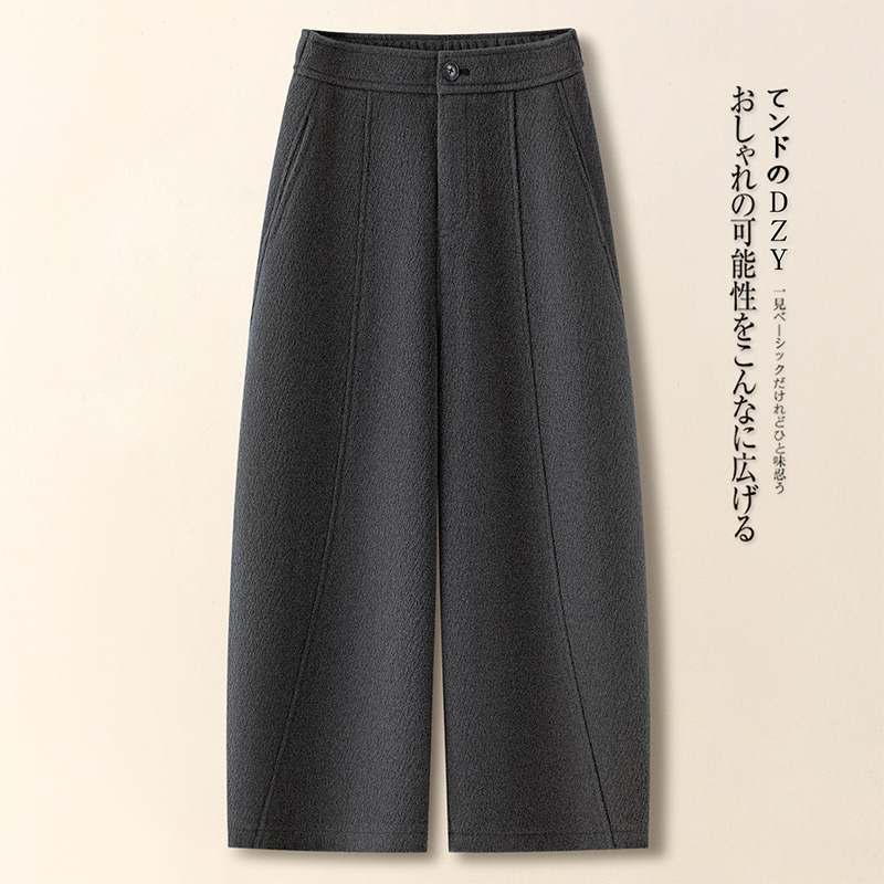 灰色毛呢阔腿弯刀裤女2025秋冬新款八分哈伦裤小个子九分直筒裤