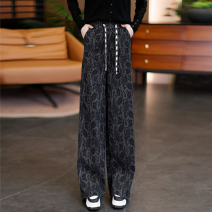 老钱风加绒腰果花阔腿裤女2026年春秋冬新款百搭松紧抽绳休闲裤子