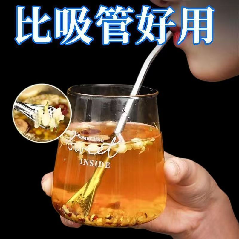 不锈钢长柄漏勺吸管勺子两用创意咖啡搅拌勺饮管果汁奶茶过滤吸管