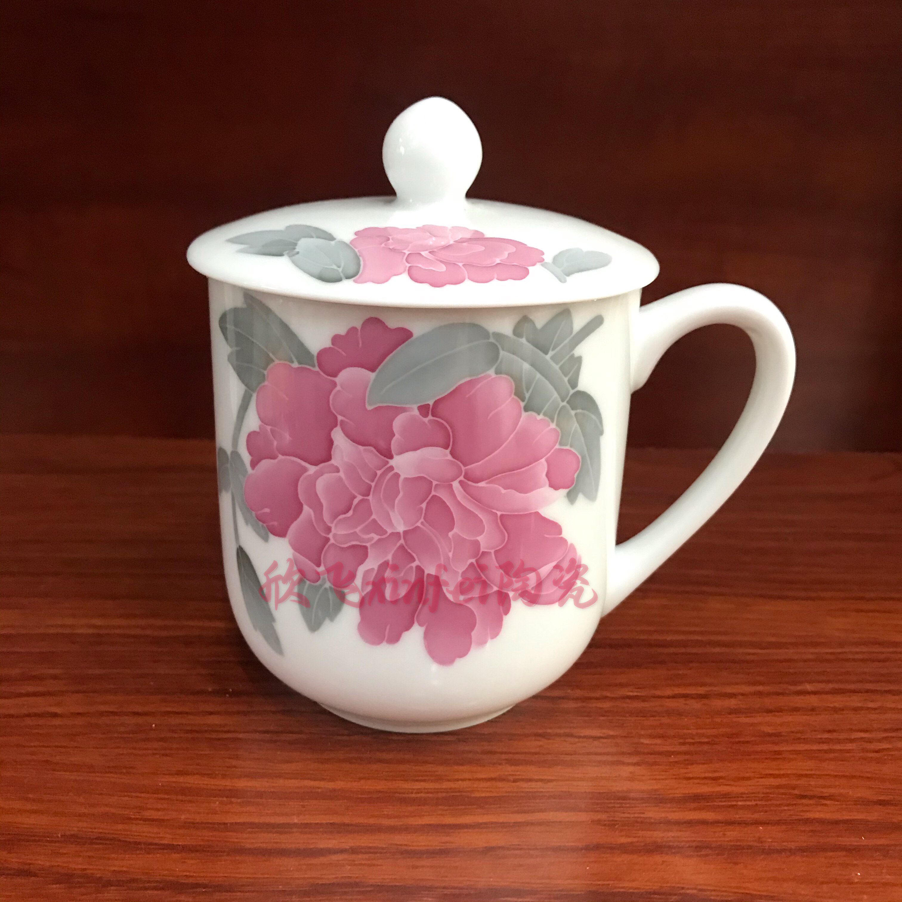 醴陵红官窑国色天香釉下彩手绘茶杯dkf容量约480ml办公室泡茶瓷杯