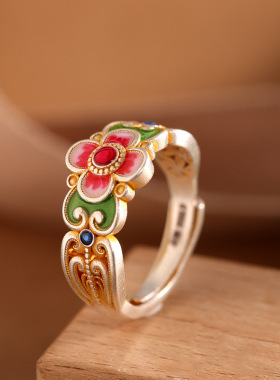 人品银品时尚国潮手饰足银999描金珐琅花心戒指开口女士气质指环