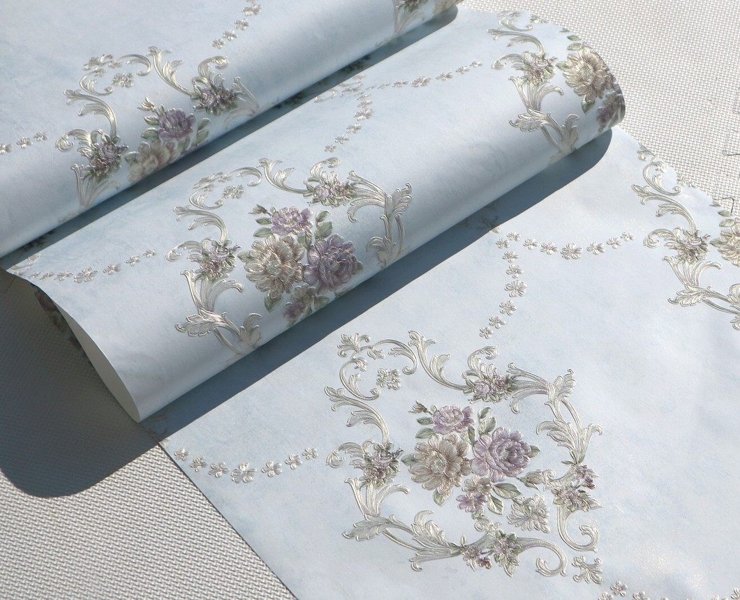 3d立体浅粉浅紫色欧式田园壁纸 复古浅绿色淡蓝色欧式宫廷花墙纸