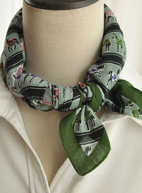 丝巾小方巾女春秋复古丝绒绿色骏马领巾搭衬衫ins头巾发带围巾