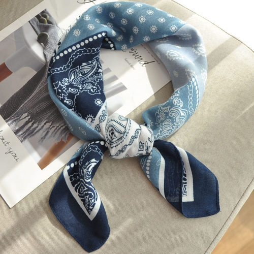 复古印花丝巾小方巾女蓝色围巾