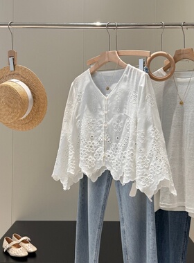 亚麻天丝！重工刺绣！同品质320+法式V领慵懒感衬衫W273