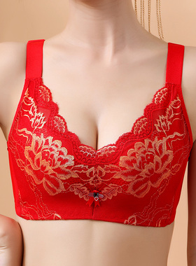 内衣女士大红色文胸本命年马年收副乳防下垂无钢圈胸罩人内裤套装
