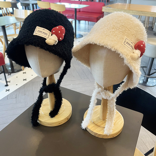 儿童帽子秋冬新款毛绒渔夫帽可爱草莓女童时尚水桶帽保暖防风帽潮
