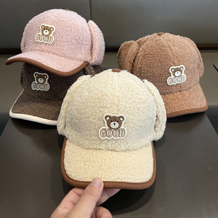 新款儿童帽子女童加厚护耳鸭舌帽男童大童保暖字母棒球帽秋冬季潮
