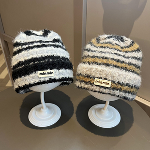 韩系儿童帽子条纹针织帽女童保暖护耳帽男宝宝百搭毛线帽秋冬季潮