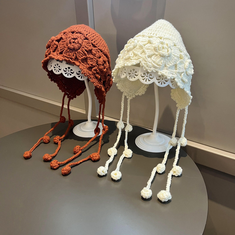 韩版女宝宝包头帽喜庆婴儿时尚针织帽花朵保暖护耳帽子百搭秋冬款